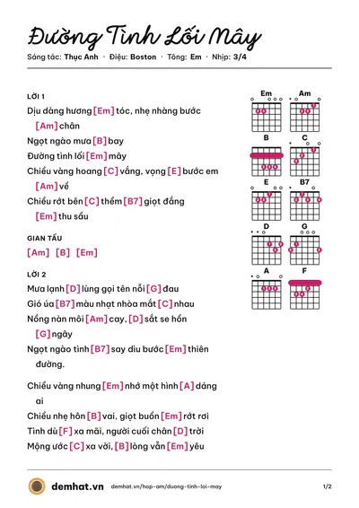 Hợp âm Đường Tình Lối Mây (Tuấn Ngọc) – bản nhạc PDF trang 1, tông Em