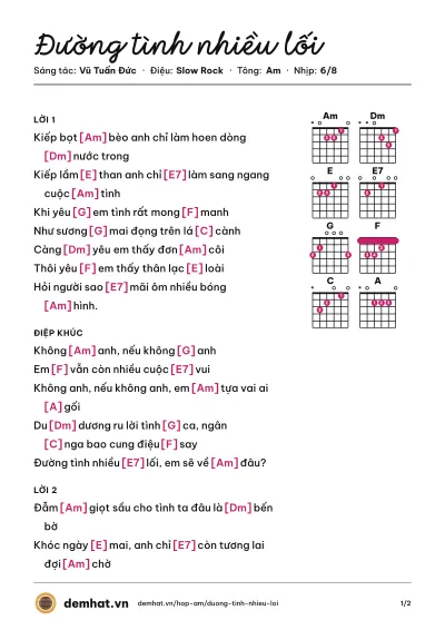 Hợp âm Đường tình nhiều lối (Bảo Tuấn) – bản nhạc PDF trang 1, tông Am