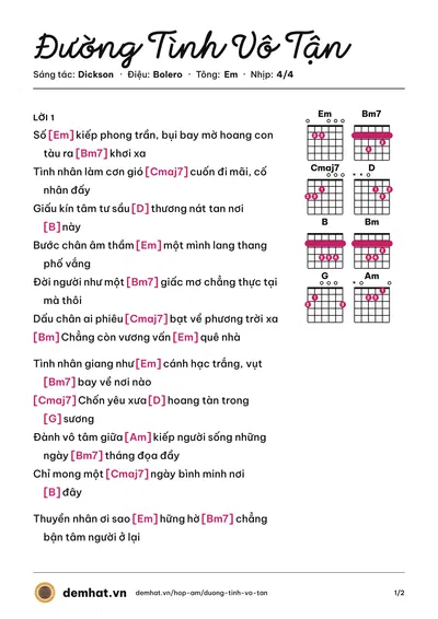 Hợp âm Đường Tình Vô Tận (Hồ Gia Hùng) – bản nhạc PDF trang 1, tông Em