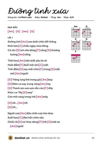 Hợp âm Đường tình xưa (Lê Minh Luân) – bản nhạc PDF trang 1, tông Am