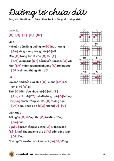 Hợp âm Đường tơ chưa dứt (Uyên Phương (trước 75)) – bản nhạc PDF trang 1, tông G