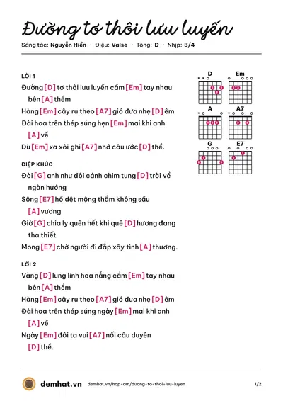 Hợp âm Đường tơ thôi lưu luyến (Nguyễn Hiền) – bản nhạc PDF trang 1, tông D