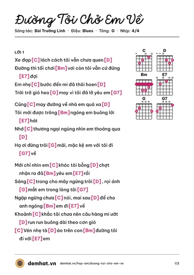 Hợp âm Đường Tôi Chở Em Về (Bùi Trường Linh) – bản nhạc PDF trang 1, tông G
