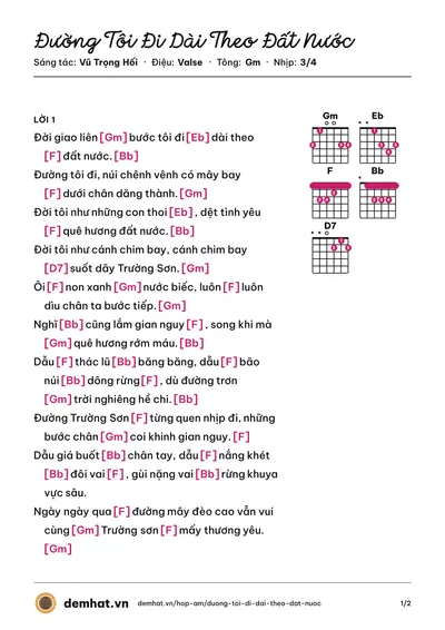 Hợp âm Đường Tôi Đi Dài Theo Đất Nước (Thu Hiền) – bản nhạc PDF trang 1, tông Gm