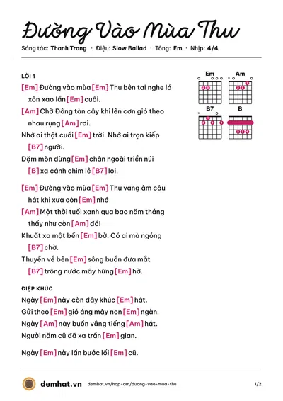 Hợp âm Đường Vào Mùa Thu (Thùy Châu) – bản nhạc PDF trang 1, tông Em