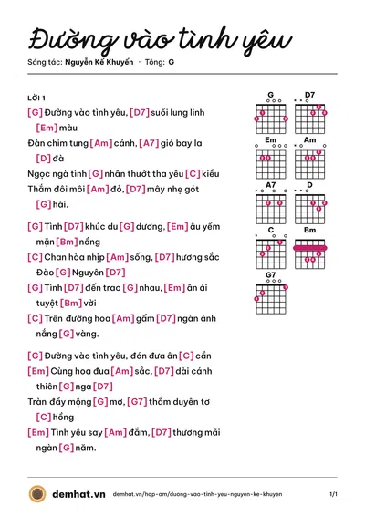 Hợp âm Đường vào tình yêu (Diệu Hiền) – bản nhạc PDF trang 1, tông G