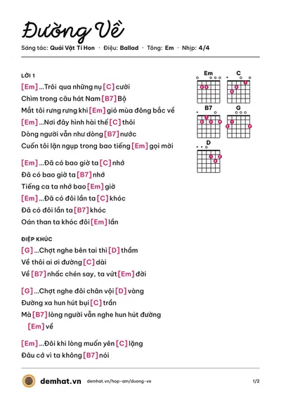 Hợp âm Đường Về (Quái Vật Tí Hon) – bản nhạc PDF trang 1, tông Em