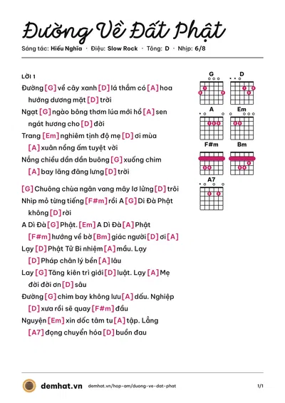 Hợp âm Đường Về Đất Phật (Quảng Kiên) – bản nhạc PDF trang 1, tông D