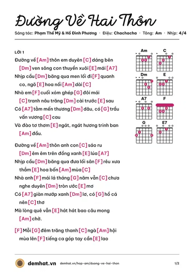 Hợp âm Đường Về Hai Thôn (Thu Hiền) – bản nhạc PDF trang 1, tông Am