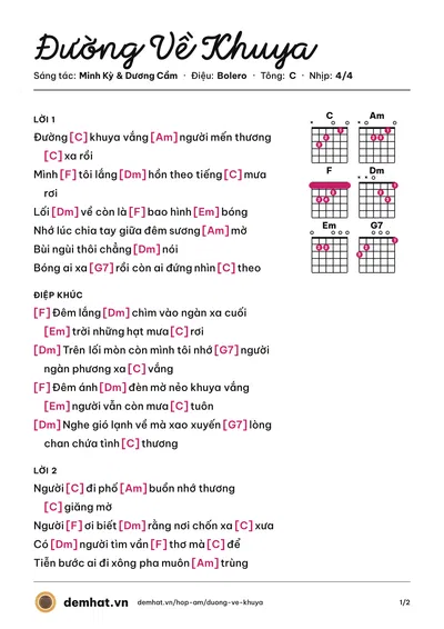 Hợp âm Đường Về Khuya (Tuấn Vũ) – bản nhạc PDF trang 1, tông C