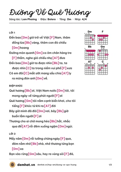 Hợp âm Đường Về Quê Hương (Quang Lê) – bản nhạc PDF trang 1, tông Dm