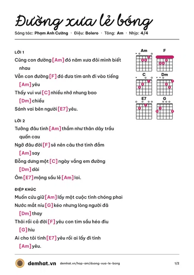 Hợp âm Đường xưa lẻ bóng (Phạm Anh Cường) – bản nhạc PDF trang 1, tông Am