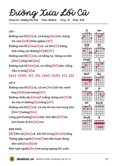 Hợp âm Đường Xưa Lối Cũ (Như Quỳnh) – bản nhạc PDF trang 1, tông G