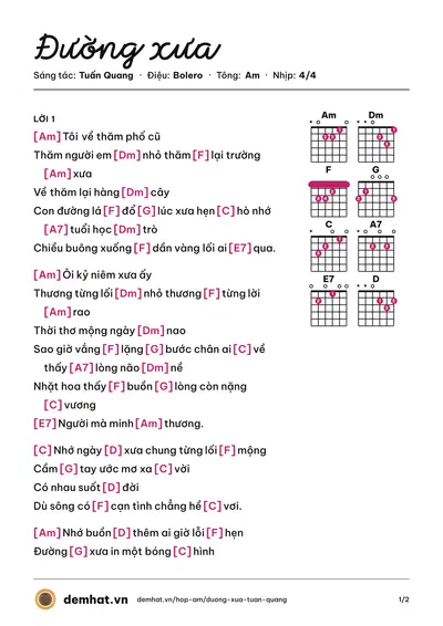 Hợp âm Đường xưa (Tuấn Quang) – bản nhạc PDF trang 1, tông Am