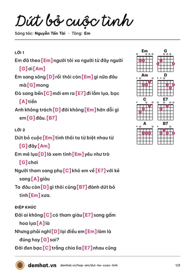 Hợp âm Dứt bỏ cuộc tình (Khang Lê) – bản nhạc PDF trang 1, tông Em