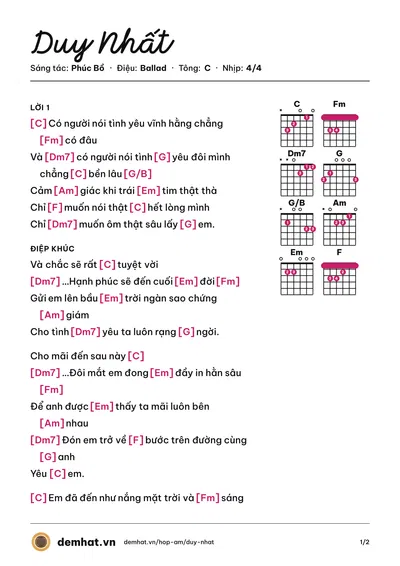 Hợp âm Duy Nhất (Phúc Bồ) – bản nhạc PDF trang 1, tông C
