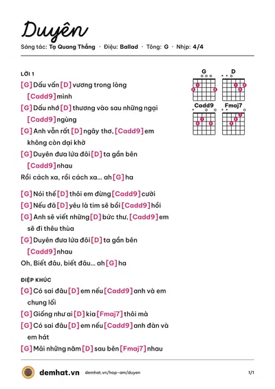 Hợp âm Duyên (Tạ Quang Thắng) – bản nhạc PDF trang 1, tông G