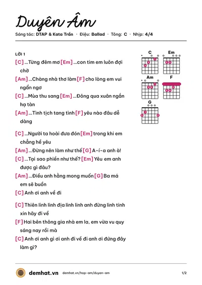 Hợp âm Duyên Âm (Hoàng Thùy Linh) – bản nhạc PDF trang 1, tông C