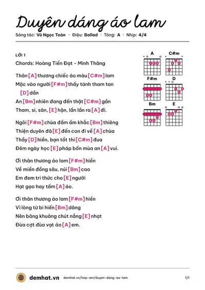 Hợp âm Duyên dáng áo lam (Chế Thanh) – bản nhạc PDF trang 1, tông A