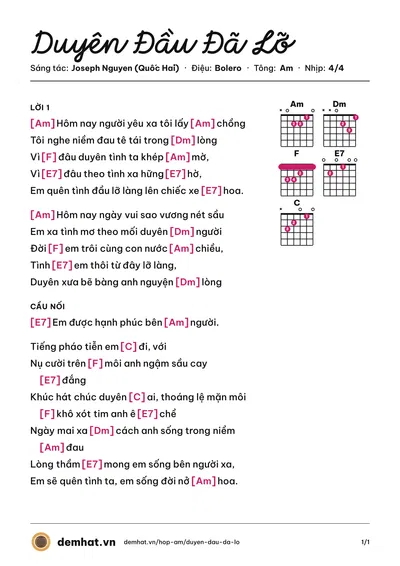 Hợp âm Duyên Đầu Đã Lỡ (Hoàng Nguyên) – bản nhạc PDF trang 1, tông Am