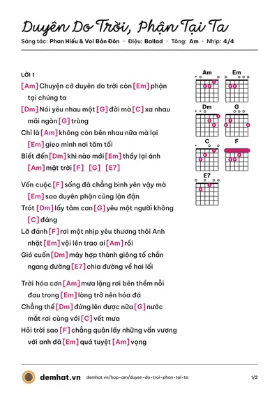 Hợp âm Duyên Do Trời, Phận Tại Ta (Voi Bản Đôn) – bản nhạc PDF trang 1, tông Am
