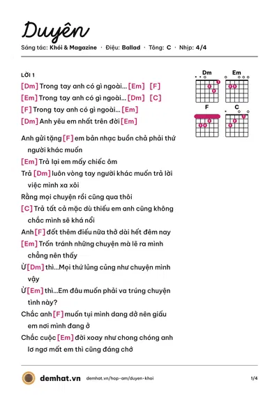 Hợp âm Duyên (Huỳnh Tú) – bản nhạc PDF trang 1, tông C