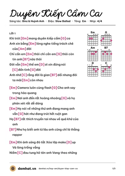 Hợp âm Duyên Kiếp Cầm Ca (Binz) – bản nhạc PDF trang 1, tông Em