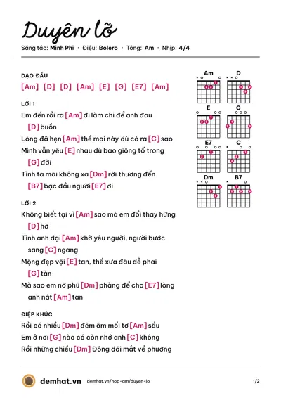 Hợp âm Duyên lỡ (Mỹ Nhung) – bản nhạc PDF trang 1, tông Am
