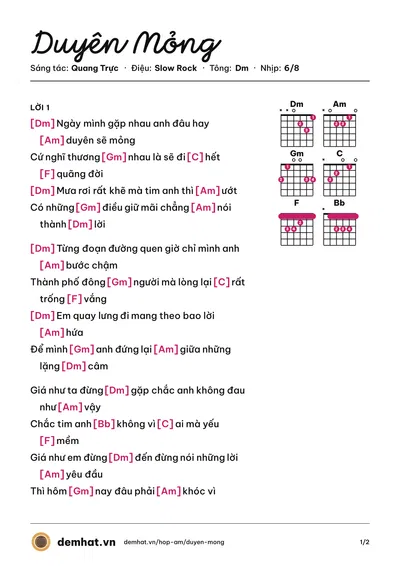 Hợp âm Duyên Mỏng (Vương Lâm) – bản nhạc PDF trang 1, tông Dm