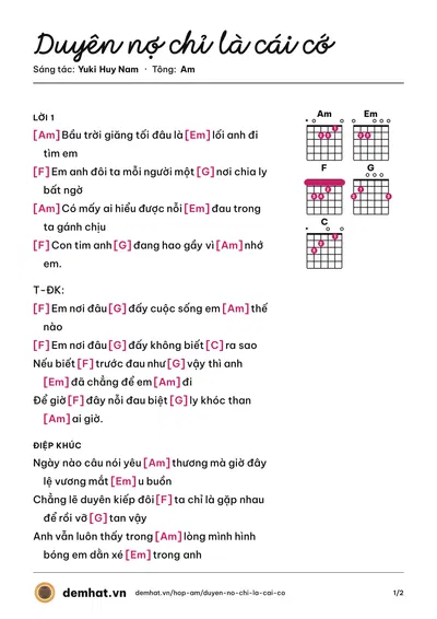 Hợp âm Duyên nợ chỉ là cái cớ (Yuki Huy Nam) – bản nhạc PDF trang 1, tông Am