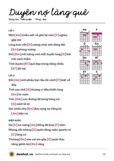 Hợp âm Duyên nợ làng quê (Trung Hậu) – bản nhạc PDF trang 1, tông Am