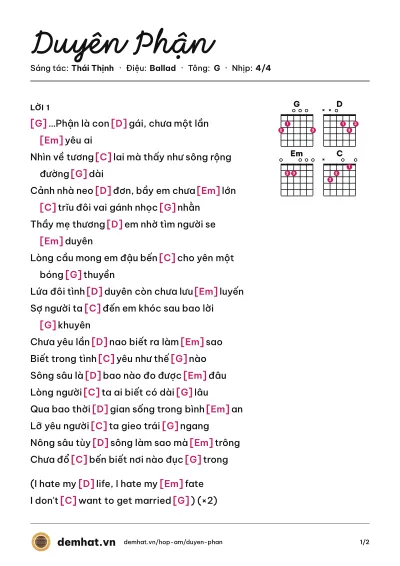 Hợp âm Duyên Phận (Như Quỳnh) – bản nhạc PDF trang 1, tông G