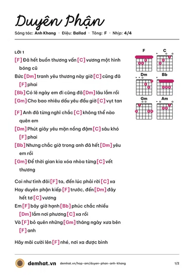 Hợp âm Duyên Phận (Anh Khang) – bản nhạc PDF trang 1, tông F