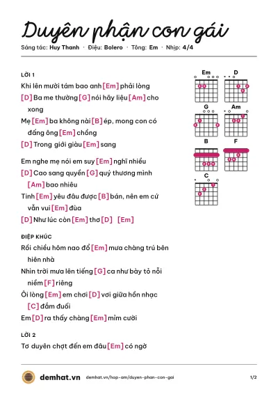 Hợp âm Duyên phận con gái (Mai Lệ Huyền) – bản nhạc PDF trang 1, tông Em
