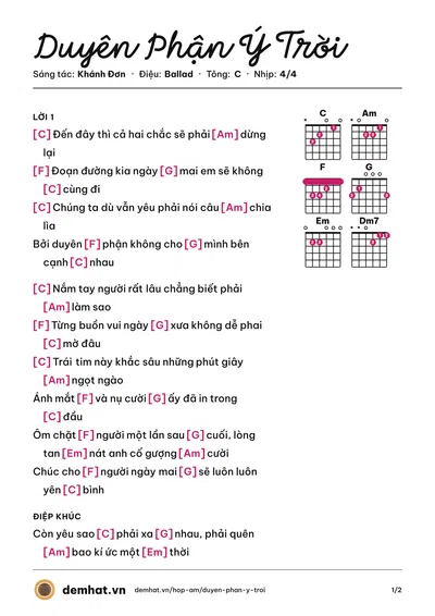Hợp âm Duyên Phận Ý Trời (Lương Bích Hữu) – bản nhạc PDF trang 1, tông C