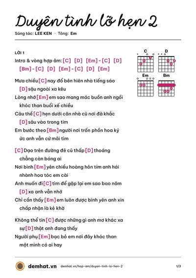 Hợp âm Duyên tình lỡ hẹn 2 (LEE KEN) – bản nhạc PDF trang 1, tông Em