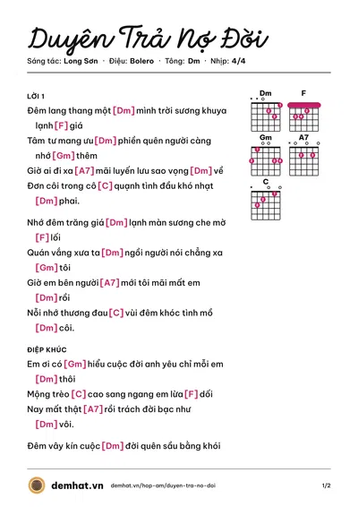 Hợp âm Duyên Trả Nợ Đời (Quang Lập) – bản nhạc PDF trang 1, tông Dm
