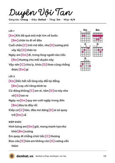 Hợp âm Duyên Vội Tan (Chazg) – bản nhạc PDF trang 1, tông Em