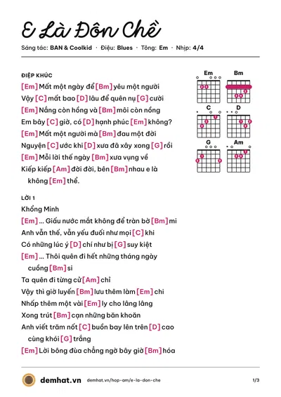 Hợp âm E Là Đôn Chề (Coolkid) – bản nhạc PDF trang 1, tông Em