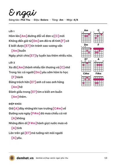 Hợp âm E ngại (Giao Linh (trước 75)) – bản nhạc PDF trang 1, tông Am