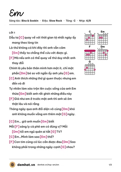 Hợp âm Em (Binz) – bản nhạc PDF trang 1, tông C