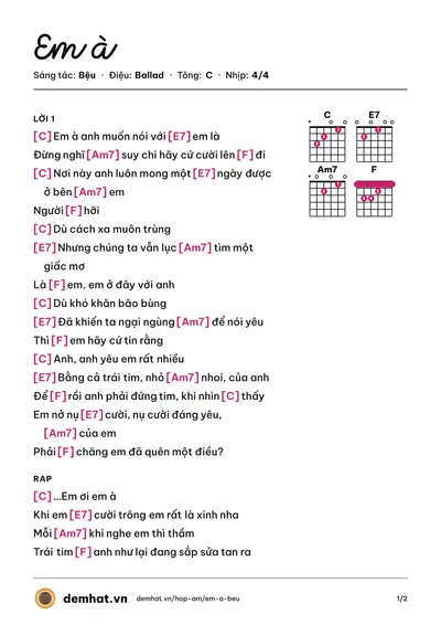 Hợp âm Em à (Bệu) – bản nhạc PDF trang 1, tông C
