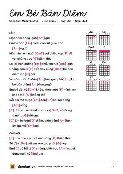 Hợp âm Em Bé Bán Diêm (Thùy Chi) – bản nhạc PDF trang 1, tông Am