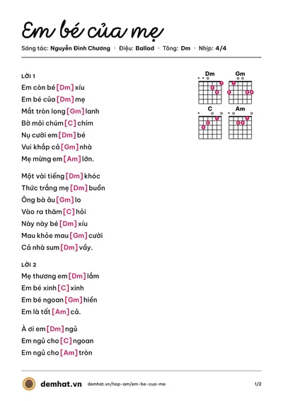 Hợp âm Em bé của mẹ (Nguyễn Võ Minh Kim) – bản nhạc PDF trang 1, tông Dm