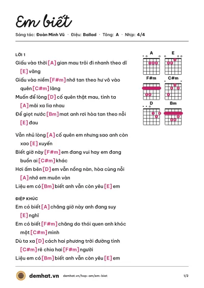 Hợp âm Em biết (Trịnh Đình Quang) – bản nhạc PDF trang 1, tông A