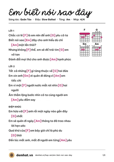 Hợp âm Em biết nói sao đây (Cherry Thanh Tuyền) – bản nhạc PDF trang 1, tông Am