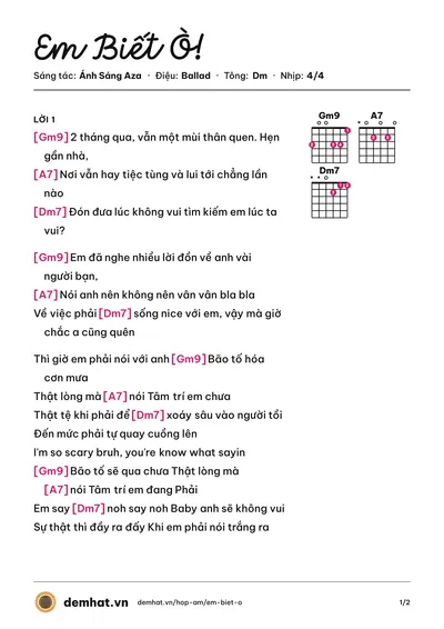 Hợp âm Em Biết Ò! (Ánh Sáng Aza) – bản nhạc PDF trang 1, tông Dm