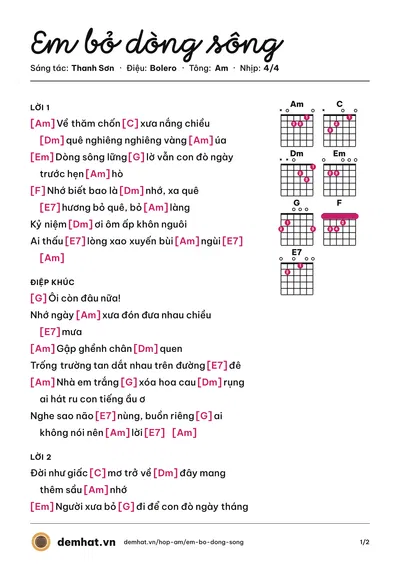 Hợp âm Em bỏ dòng sông (Phi Nhung) – bản nhạc PDF trang 1, tông Am