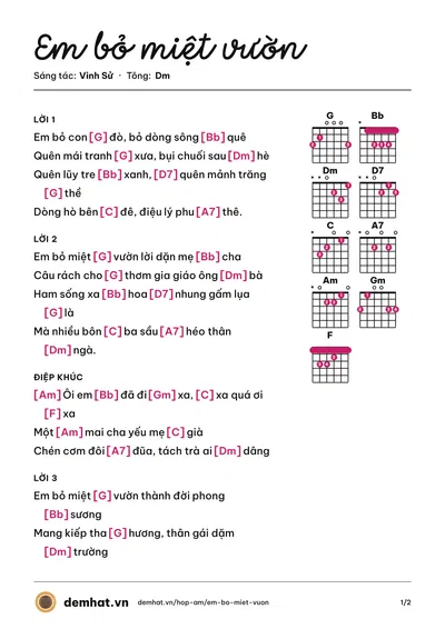 Hợp âm Em bỏ miệt vườn (Vinh Sử) – bản nhạc PDF trang 1, tông Dm