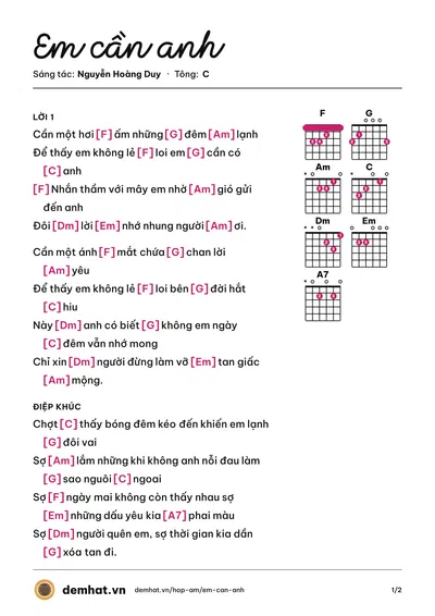 Hợp âm Em cần anh (Mi Trần) – bản nhạc PDF trang 1, tông C